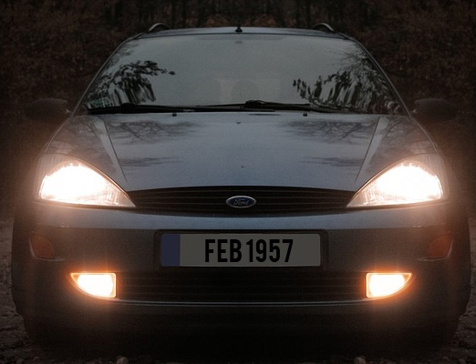 Car headlights through lenses with an anti-reflection coating